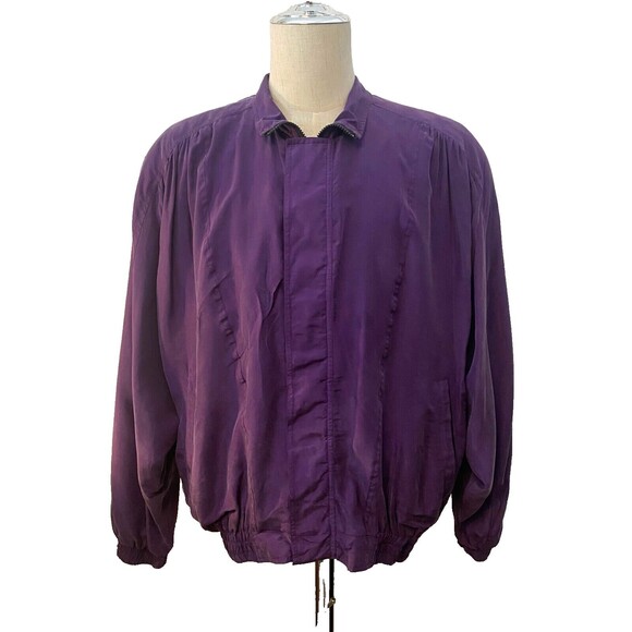 Vintage BACHRACH 100% SILK Bomber Track JACKET Men's XL Purple Windbreaker EUC